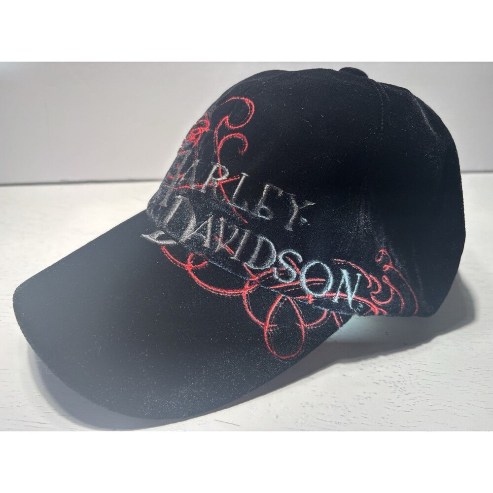 Harley Davidson Womens Black Velvet Embroidered Adjustable Hat Cap Biker Script